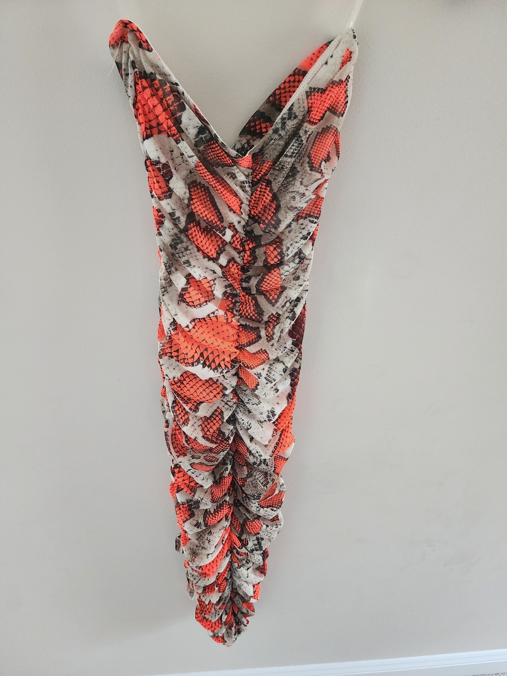 Black Bead Strapless Orange and White Snake-Print Dress